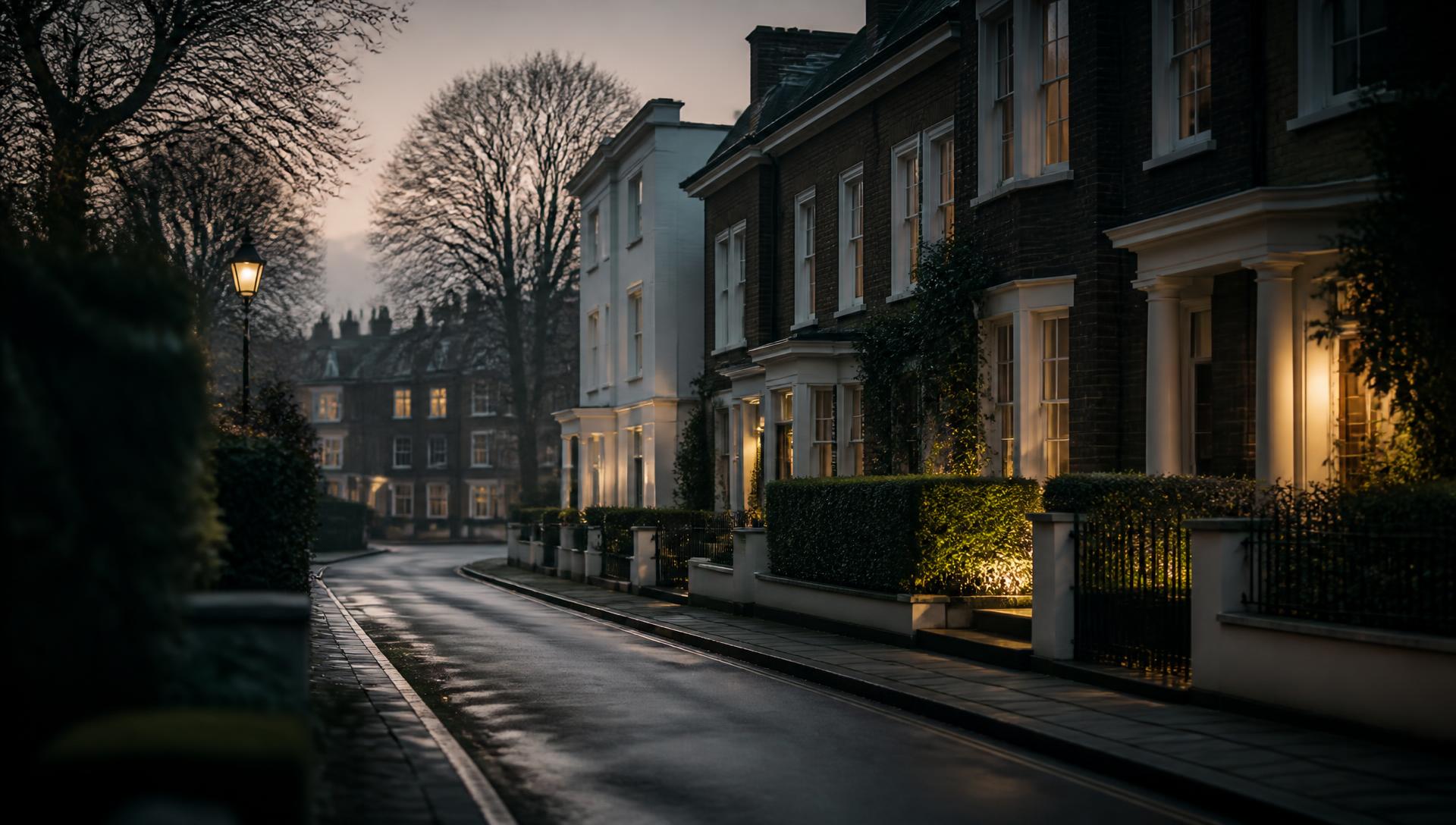Elegant UK residential street at dusk